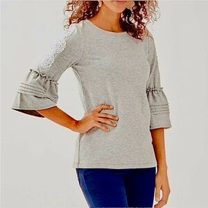 Lilly Pulitzer  Fatima Gray Blouse with Lace and Ruffle Bell Sleeves XL